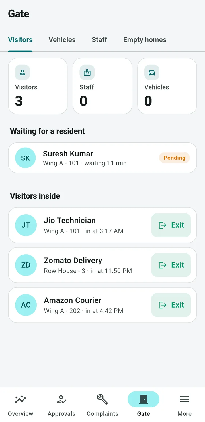 Committee app Gate view showing a visitor waiting for a resident and a list of visitors inside with Exit buttons