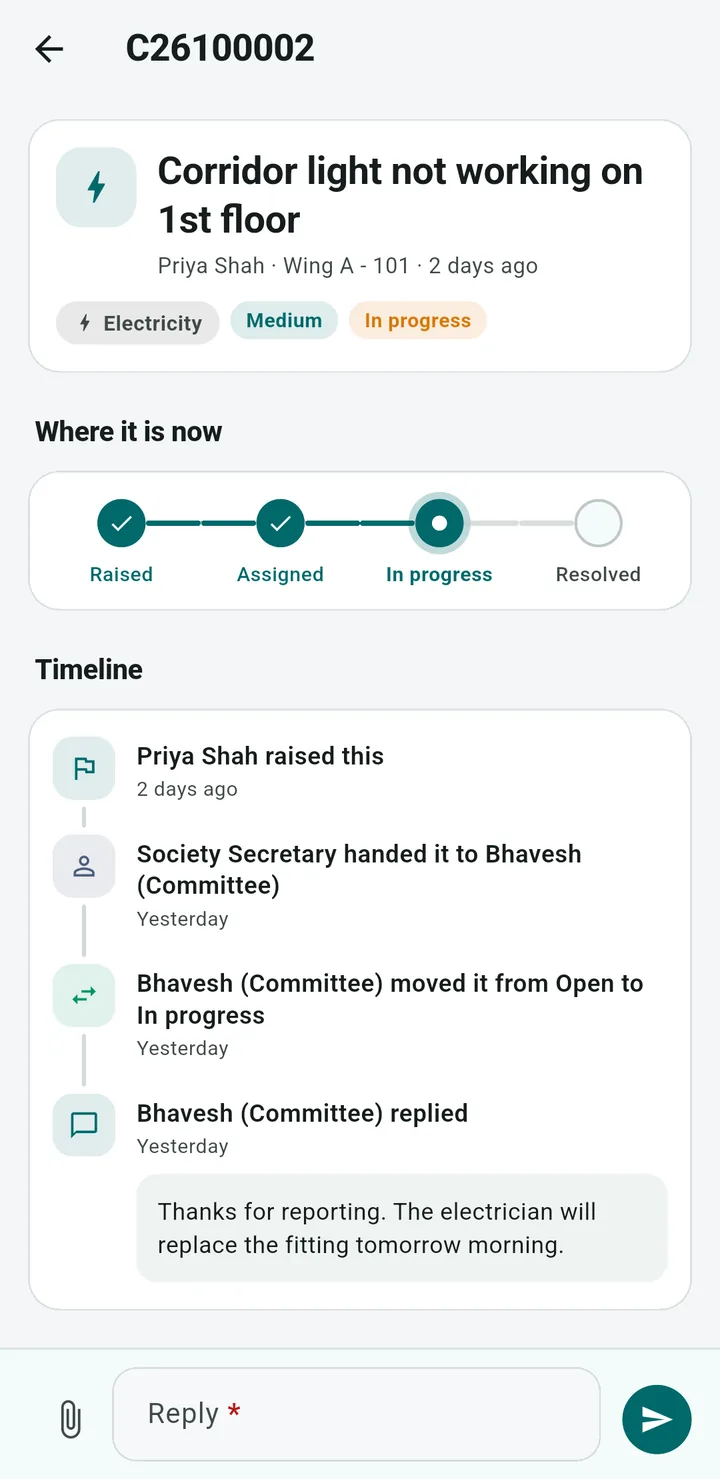 Resident app complaint detail with a status tracker from Raised to Assigned, In progress and Resolved, and a timeline with a committee reply
