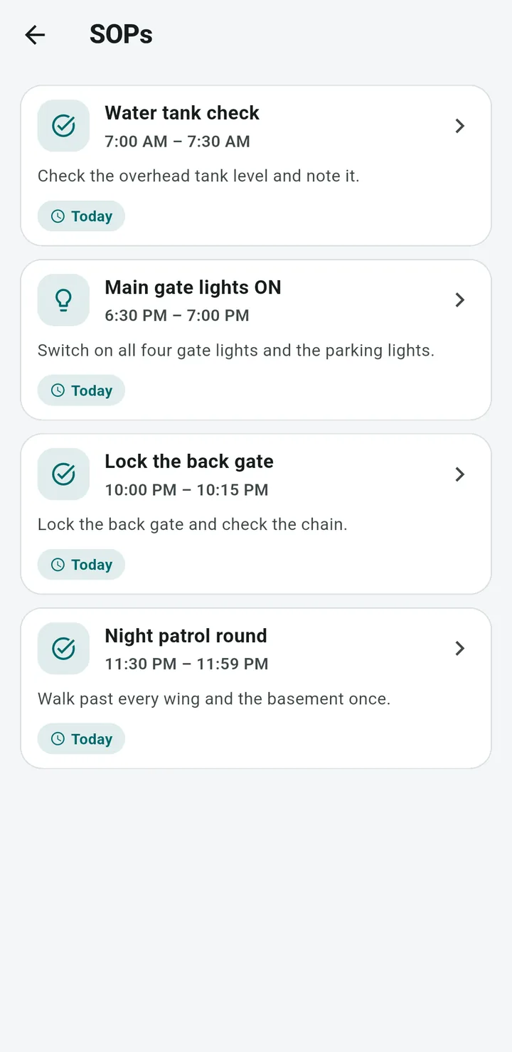 Guard app duty tasks list with four tasks for today, each with a time window and instructions