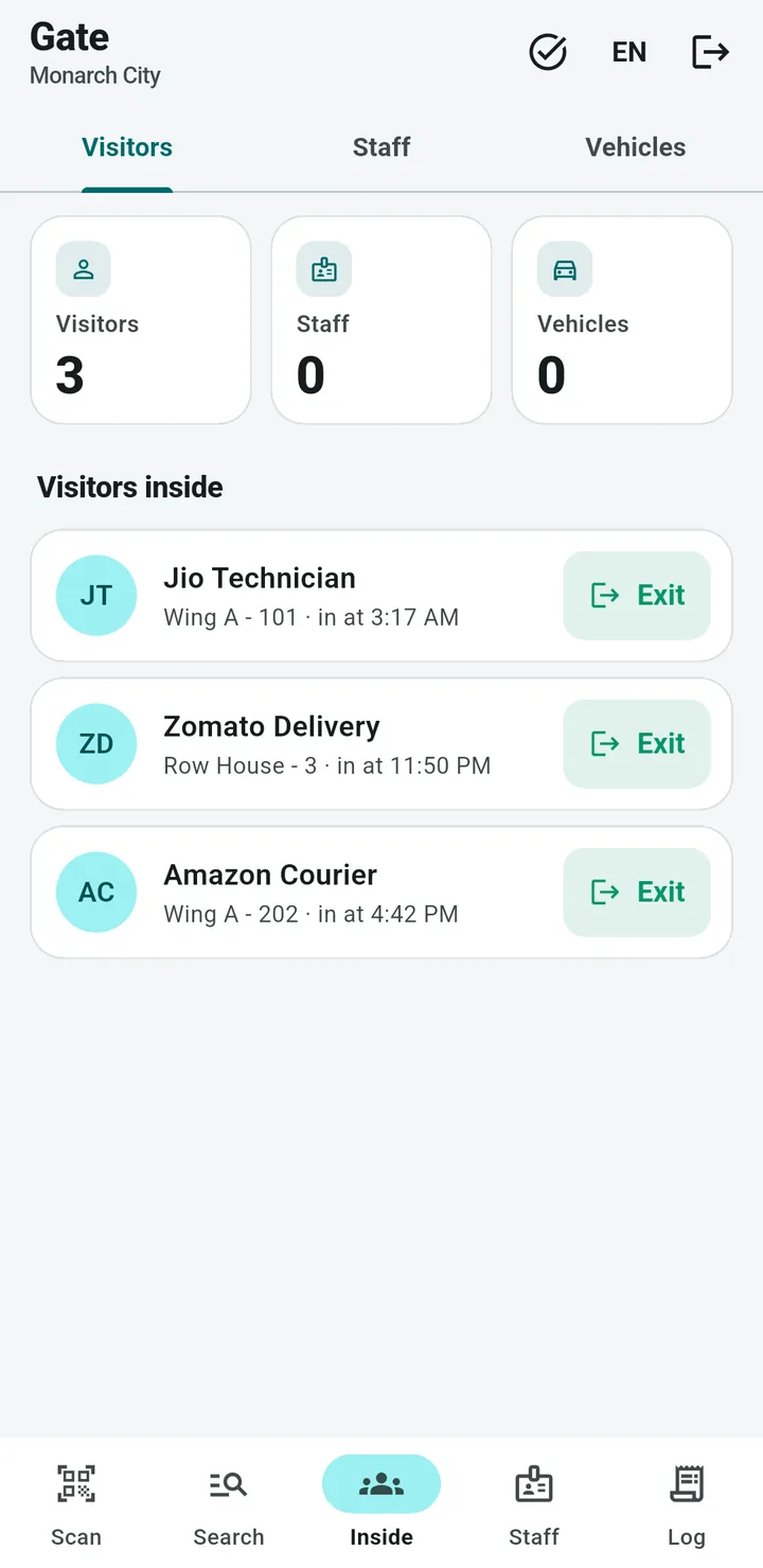 Guard app Inside tab showing how many visitors, staff and vehicles are inside, and a list of visitors with an Exit button on each