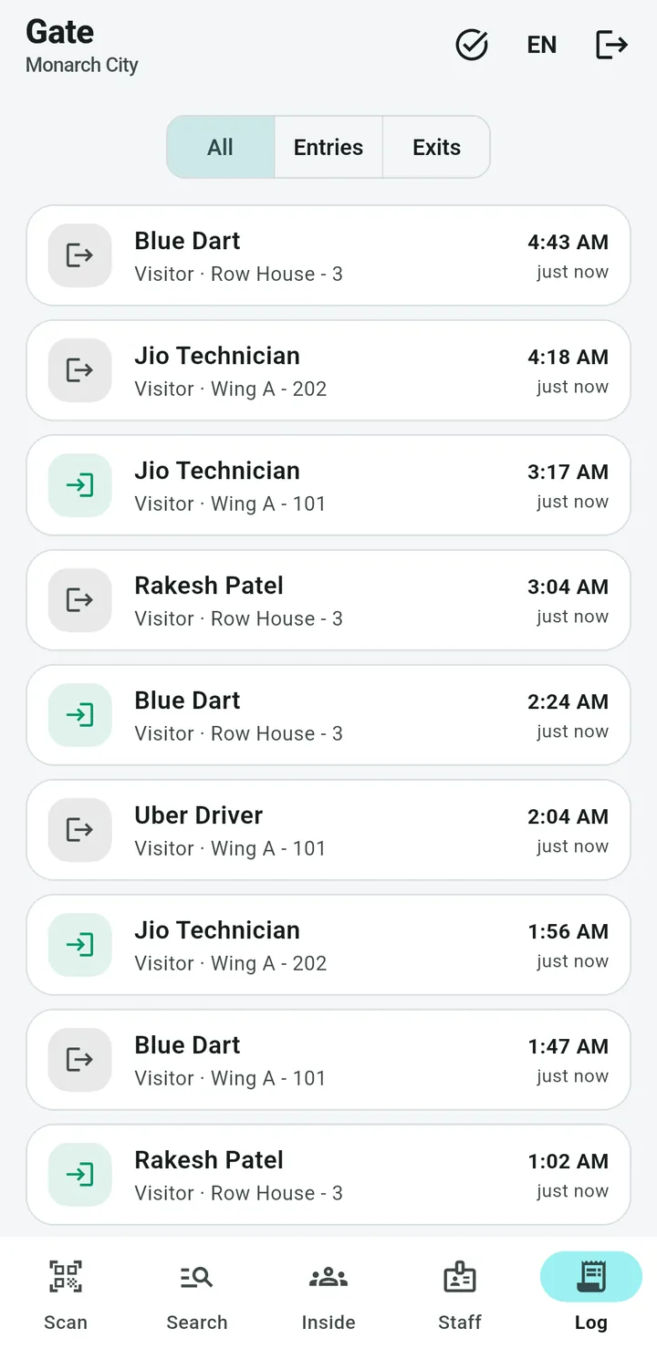 Guard app Log screen: an IN/OUT register with All, Entries and Exits filters, showing names, flats and times