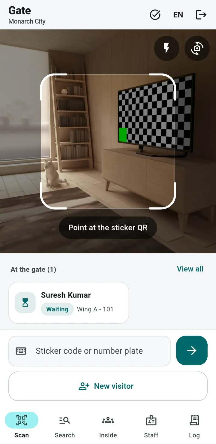 The GateChecker guard app at the gate, scanning a QR sticker