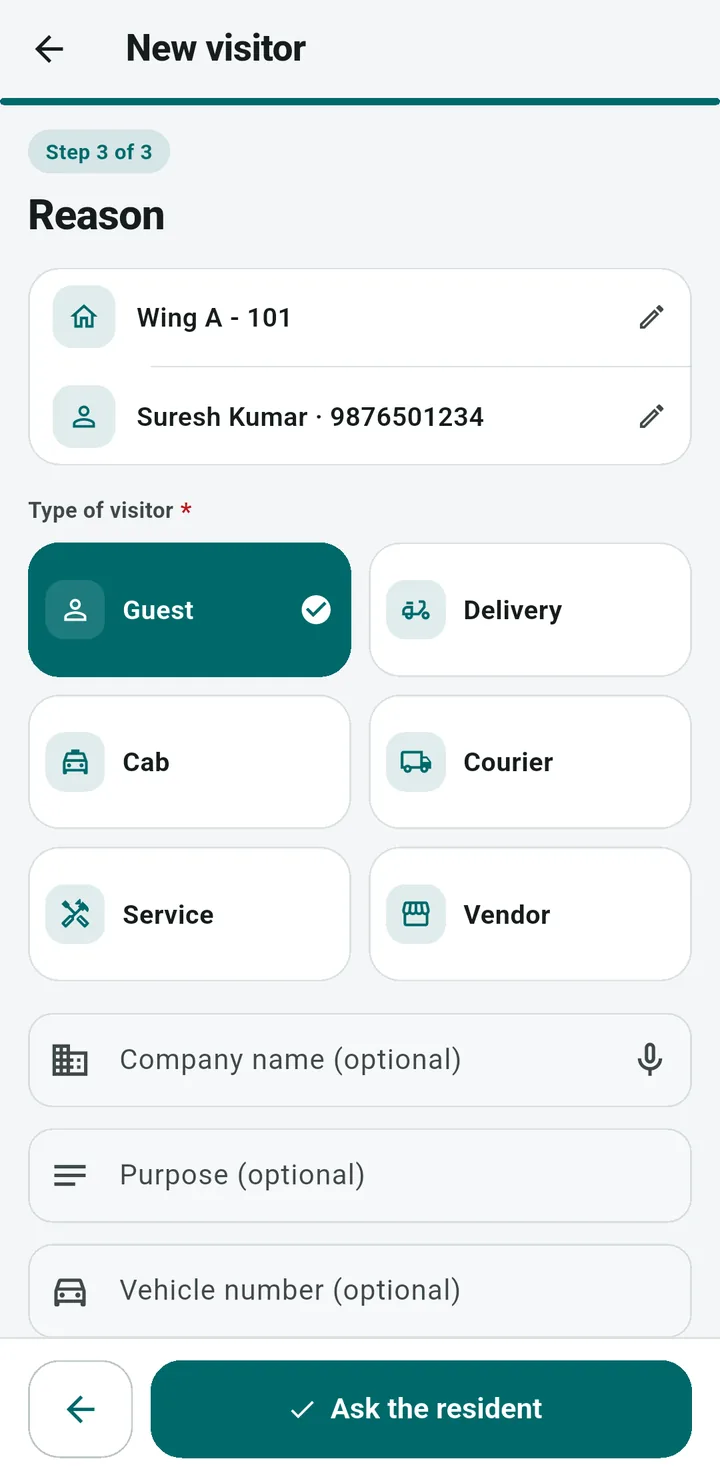 Guard app New visitor form: the flat, the visitor’s name and phone, visitor type chips, optional company, purpose and vehicle fields, and an Ask the resident button