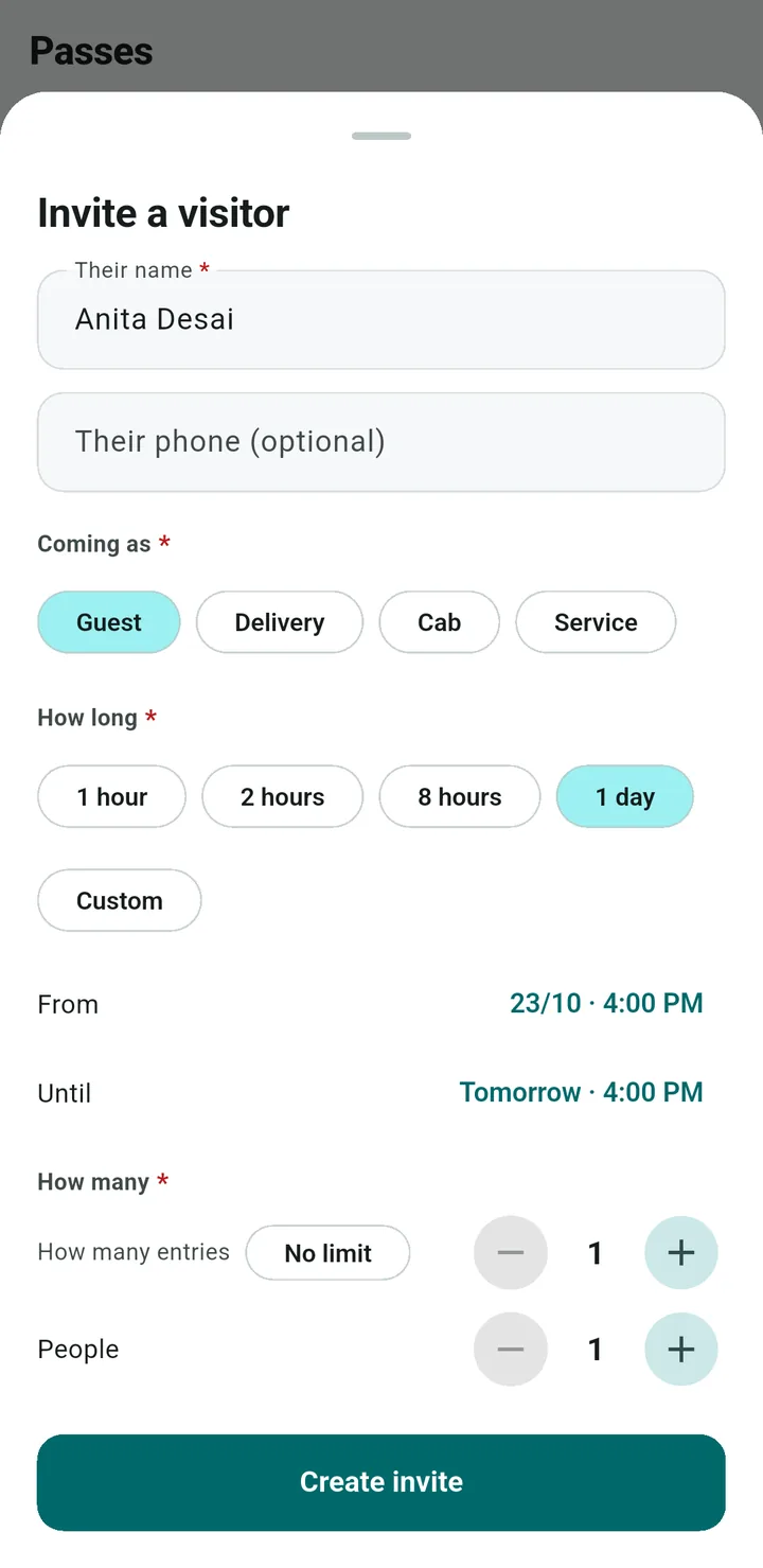 Resident app Invite a visitor sheet with visitor type, duration chips, from and until times, and counters for entries and people