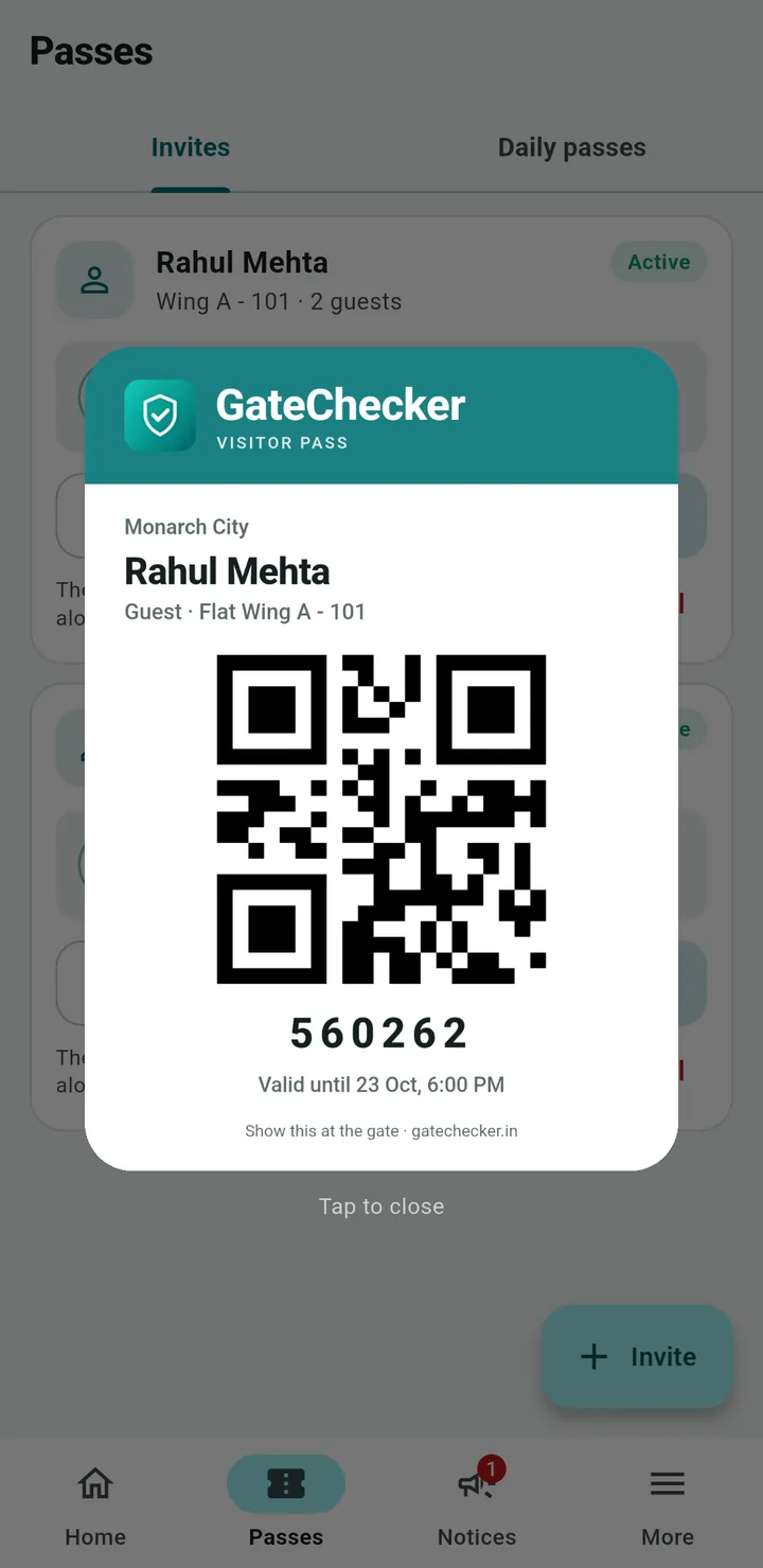 Visitor pass card with a QR code, a 6-digit code and the dates it is valid