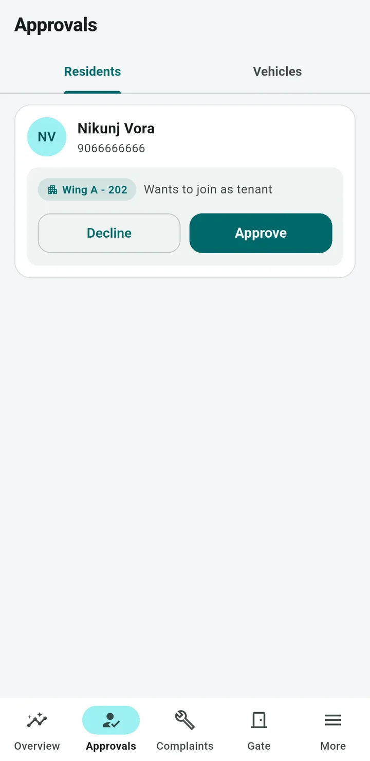 Committee app Approvals screen on the Residents tab: a join request for Wing A-202 as a tenant, with Approve and Decline buttons