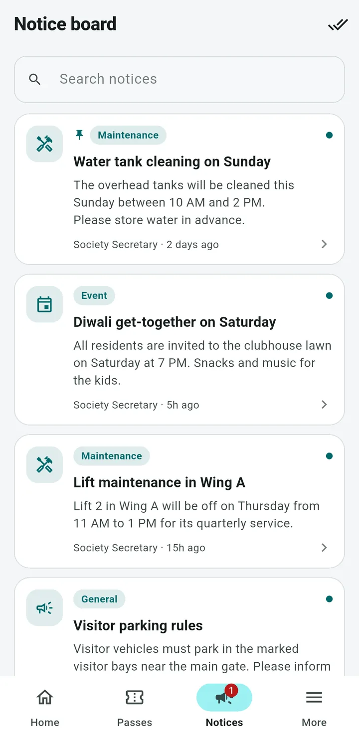 Resident app notice board with a pinned maintenance notice at the top, followed by event, maintenance and general notices