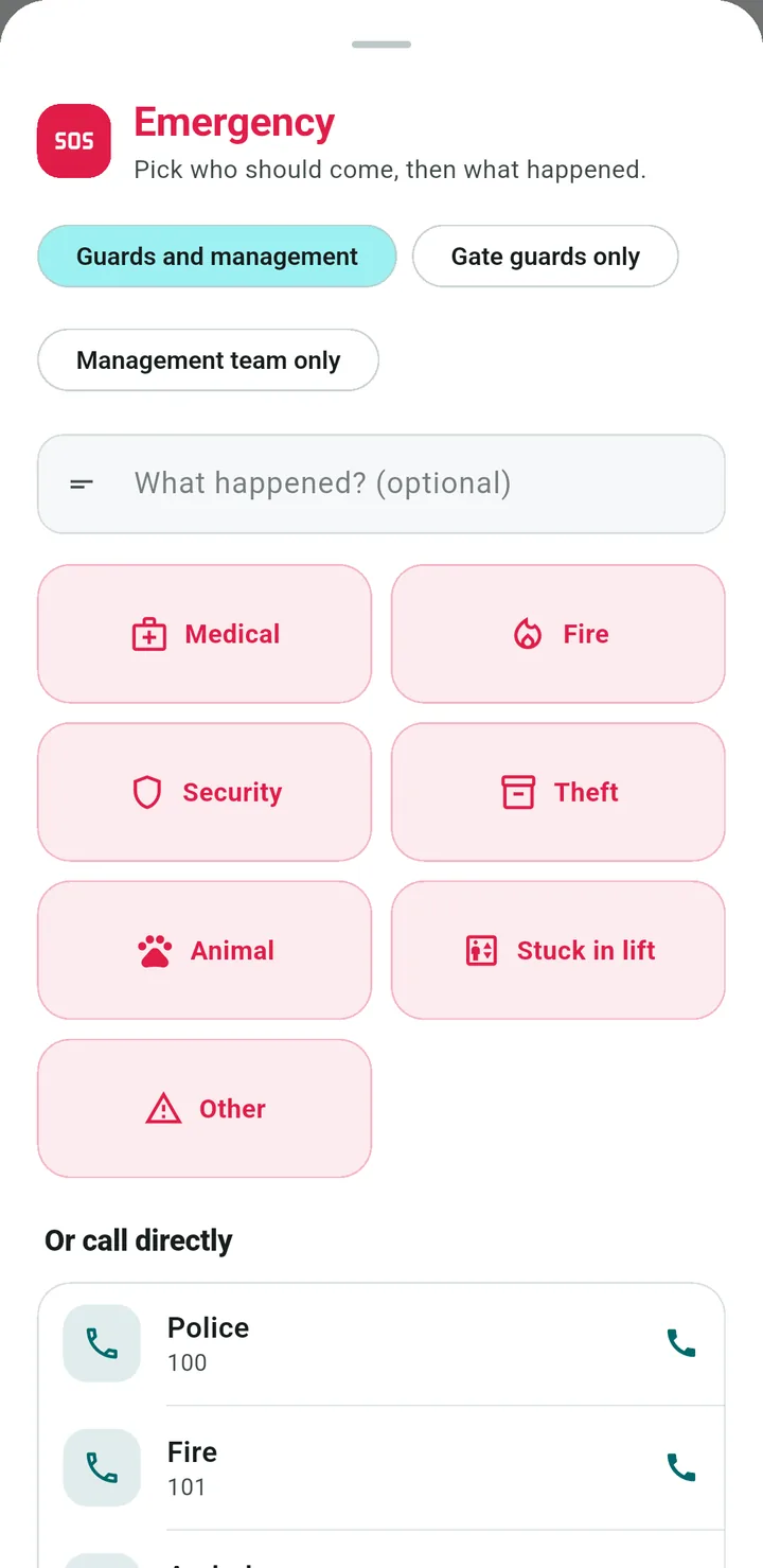 Resident app Emergency sheet with who to alert, emergency types such as Medical, Fire and Security, and numbers to call directly