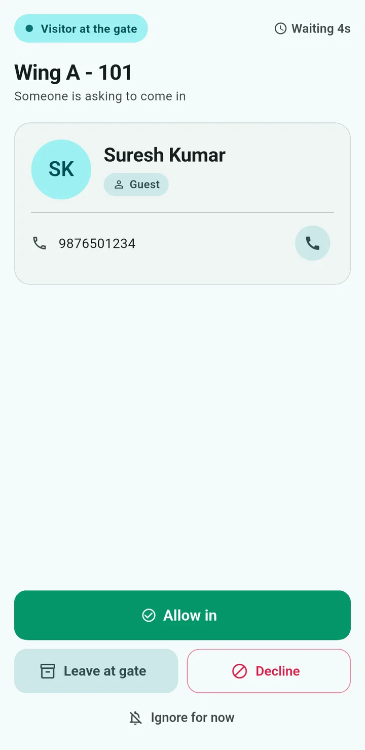 Resident app showing a visitor at the gate with Allow in, Leave at gate and Decline buttons