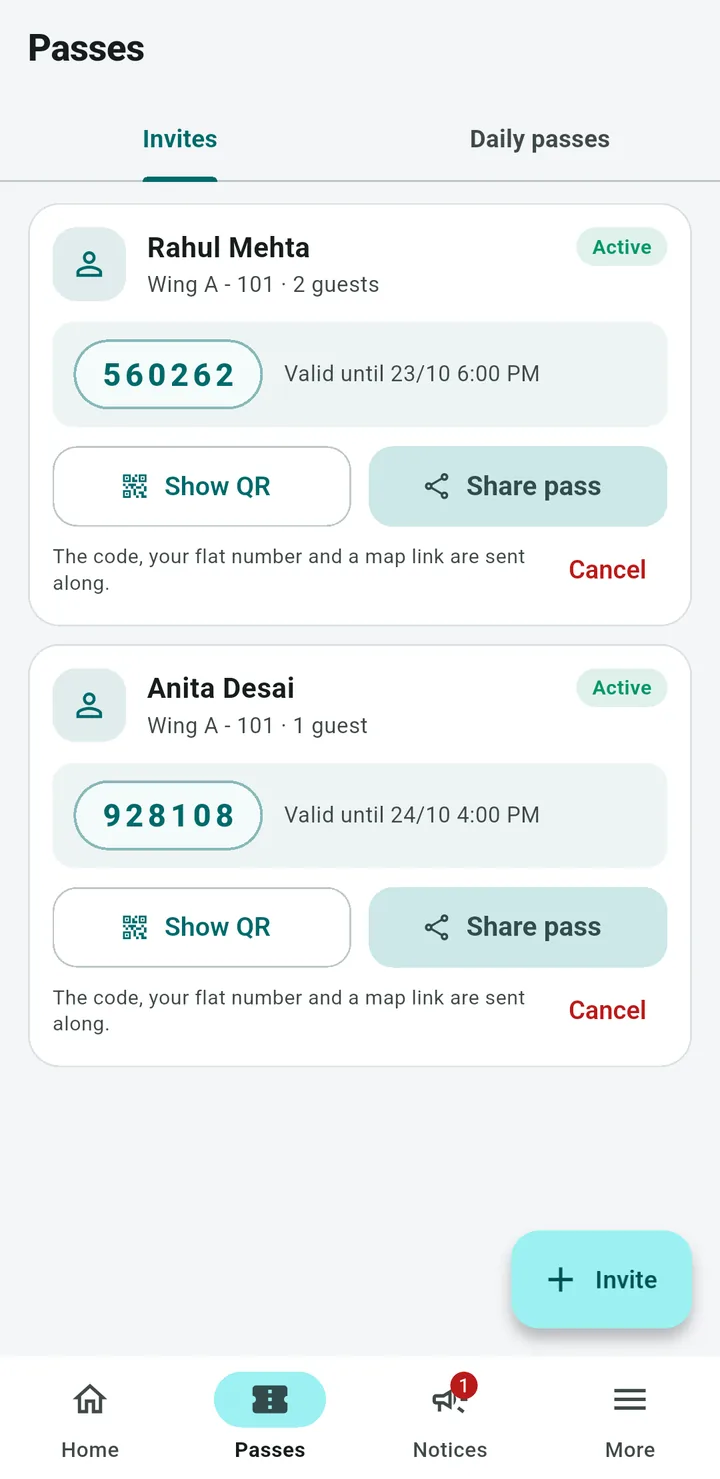 Resident app Passes tab with two active guest invites, each with a 6-digit code, its validity, and Show QR and Share pass buttons